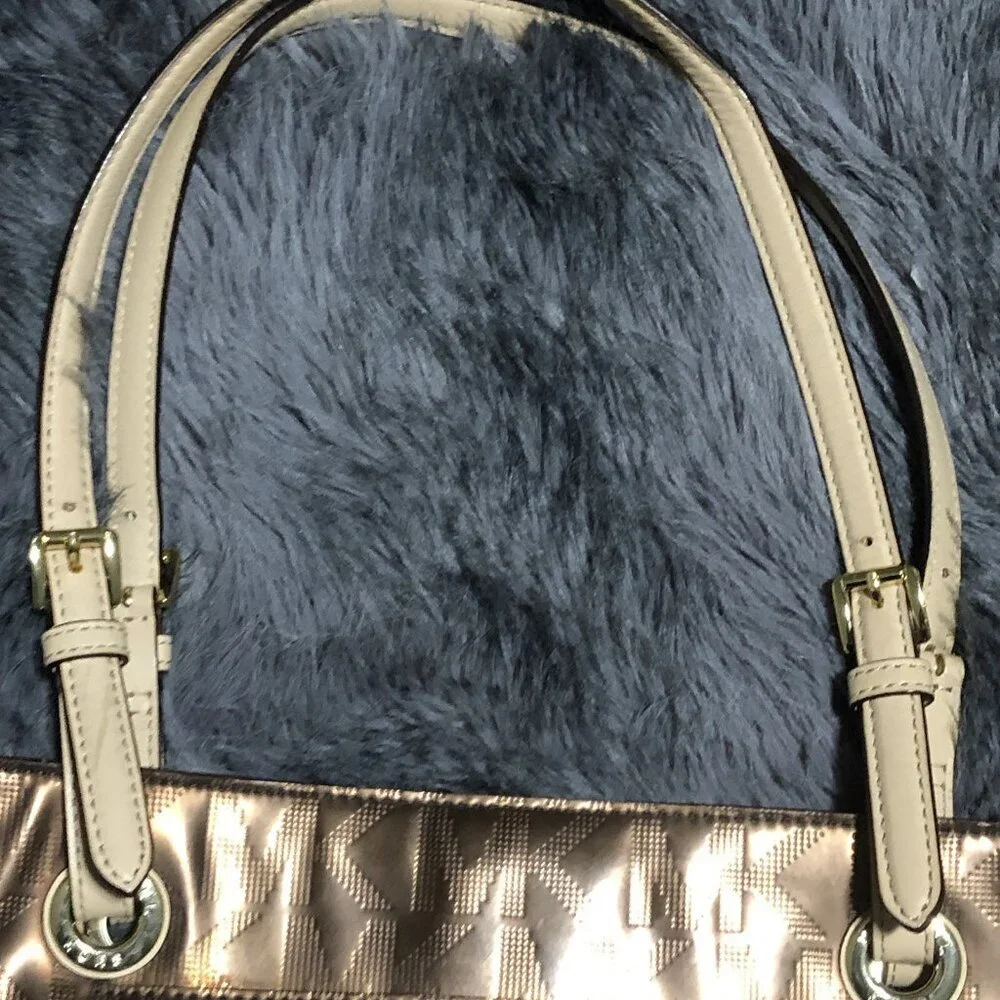 Michael Kors Brown Logo Tote Bag with Logo Charm, Beige Leather Double Handles